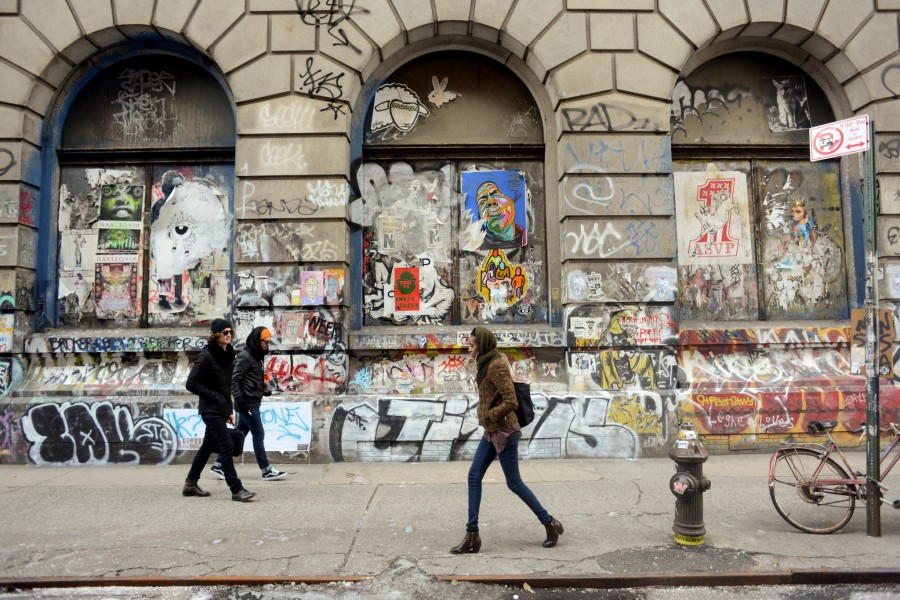 Iouri Podladtchikov, Olympic half-pipe king visits the lower east side with typical graffiti defacing a grand old building. photo - Casey Kelbaugh for the New York Times