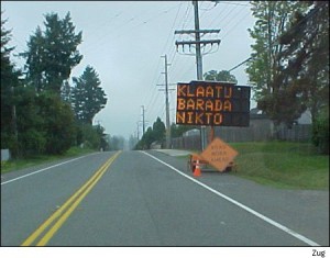 funny road sign Klaatu