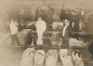 General Slocum victims in temporary morgue 26th Street photo: NYPL