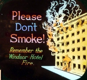 Windsor Hotel Fire intermission warning magic lantern slide 