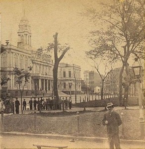 Standing on Broadway by New York City Hall circa 1870 
