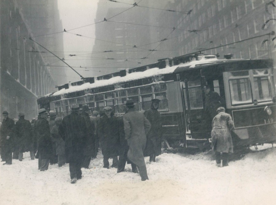 Trolley stuck in snow during storm