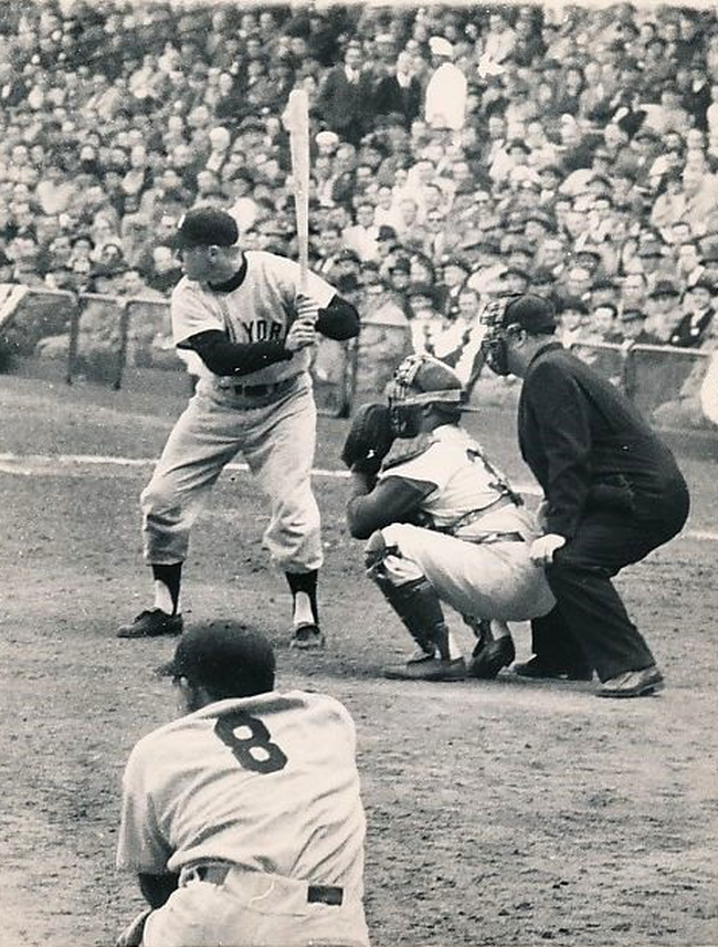 Mickey Mantle at bat as Yogi Berra waits on deck World Series Game 7 October 10, 1956 - photo: Ed Stein