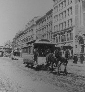 42nd St looking west from Fifth Ave Dr. Parkhursts Church Horse Trolley 1889 ph HN Tiemann