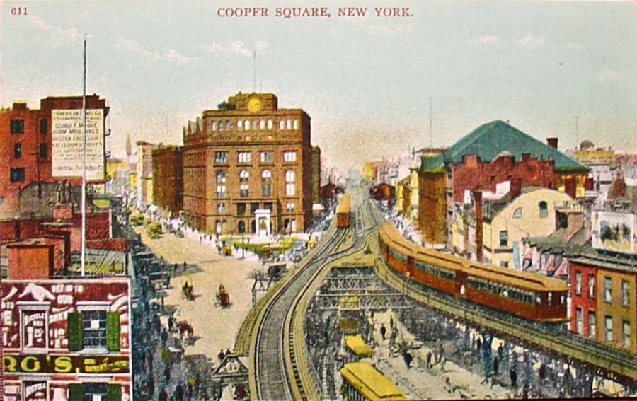 Third Avenue Elevated at Cooper Square. Cooper Union which is still extant, is the large building to the left of the tracks.