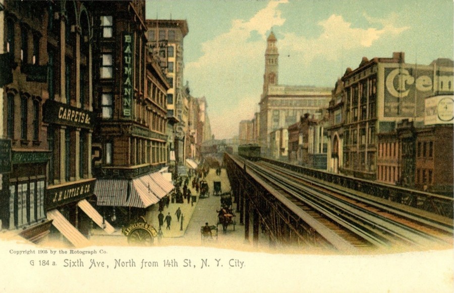 The Sixth Avenue Elevated seen looking north from 14th Street. At the turn-of-the-century Sixth Avenue was a main shopping district of New York called "Ladies Mile. The building with the tower on the right is Siegel Cooper department store, Department Store.