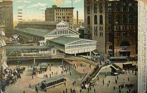 Postcard Brooklyn Bridge transportation terminal hub on Park Row c. 1905