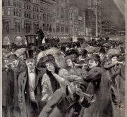 New York City Celebrates New Year's Eve - 1908 New York City New Years Eve Times Square 1907 Leslies Magazine Dec 26 drawn by Sigurd Schau